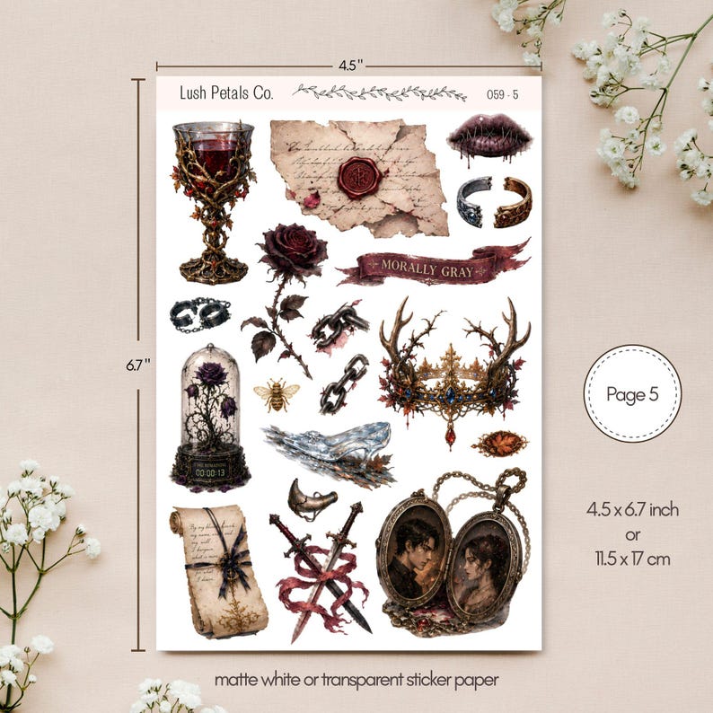 May include: A sticker sheet measuring 4.5 by 6.7 inches featuring dark fantasy illustrations including a goblet, a wax-sealed letter, a rose, a crown with antlers, a locket with two portraits, swords, chains, a glass slipper, and a bee.