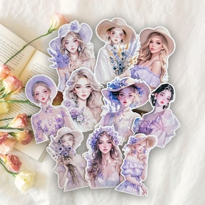 Lot de 10 autocollants fille romantique lilas, autocollants découpés, scrapbooking, fabrication de cartes, tenue d'un journal artistique, travaux manuels, autocollants déco de journal indésirable