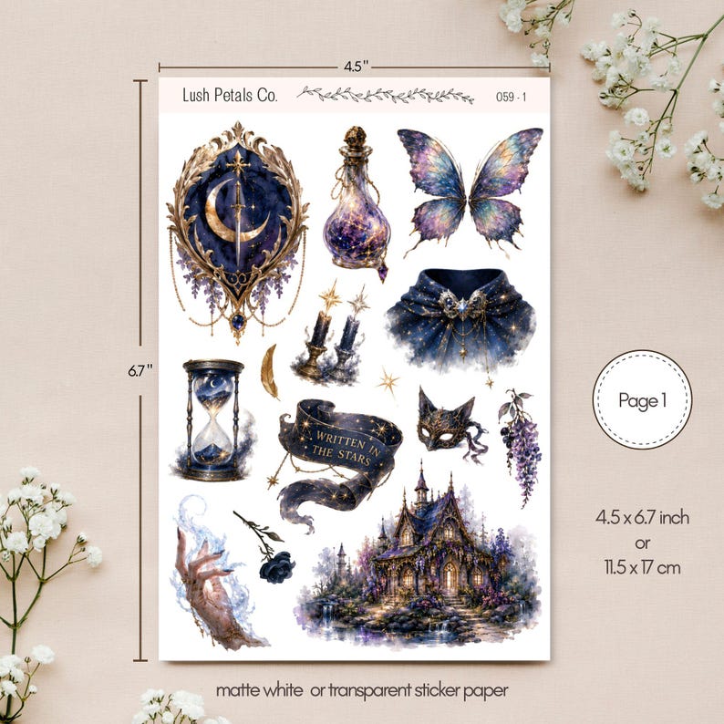 May include: A sticker sheet measuring 4.5 by 6.7 inches featuring celestial and fantasy illustrations including a sword in a crescent moon frame, a potion bottle, butterfly wings, an hourglass, a banner with the text WRITTEN IN THE STARS, and a castle.