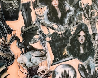 May include: A collage of gothic-themed illustrations featuring a witch with a large hat, a dragon, a skull, a crystal ball with a castle, a fireplace, and a sword. The color palette is primarily black, gray, and white against a peach background.