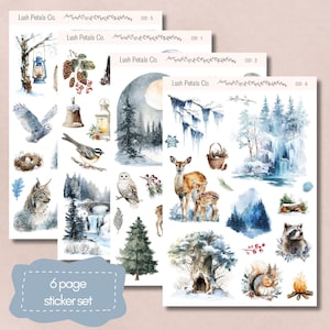 May include: A sticker set with watercolour illustrations of winter scenes. The set includes images of owls, deer, trees, and other forest elements. The text "6 page sticker set" is visible on a light blue background.