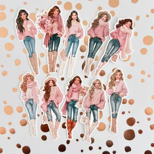 Pink Sweater Girl Sticker Set of 10, Die Cut Stickers, Scrapbooking, Carding Making, Art Journaling, Papercraft, Junk Journal Deco Stickers