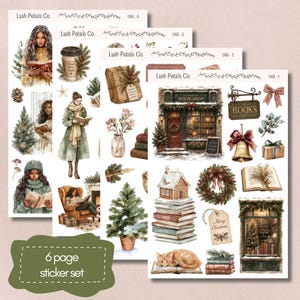 Op de afbeelding: Een zesdelige stickerset van Lush Petals Co. met aquarelillustraties in winter- en boekthema's. De elementen bevatten lezende personen, boekwinkels, kerstbomen, kransen, stapels boeken, cadeaus en een kat.