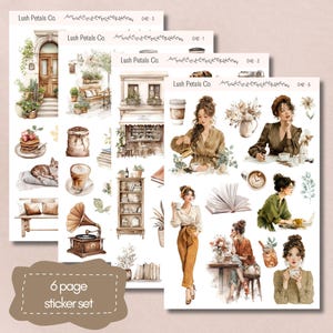 May include: A sticker set with watercolour illustrations of cafes, books, and women. The stickers include images of coffee, pastries, and a gramophone. The text "6 page sticker set" is visible on the bottom left.