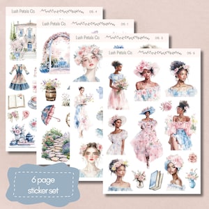 Hojas de pegatinas de jardín romántico para planificadores, calendarios, álbumes de recortes, tarjetas, manualidades de papel, diarios basura y pegatinas estéticas.