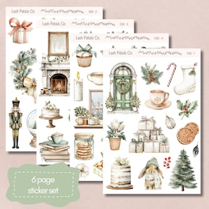 Peut inclure: Trois planches d'autocollants avec des illustrations à l'aquarelle d'articles sur le thème des fêtes et de l'hiver. Les autocollants comprennent un cadeau, une cheminée, une porte, une tasse à thé, un gâteau et un lapin. Le texte "6 page sticker set" est également inclus.