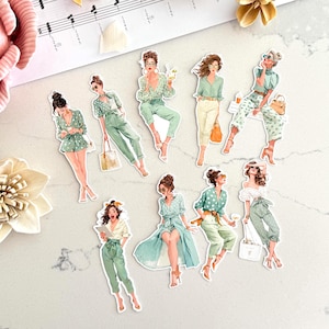 Lot de 9 autocollants fille printanière en vert, découpés avec des matrices, scrapbooking, fabrication de cartes, tenue d'un journal artistique, travaux manuels, autocollants déco pour journal indésirable
