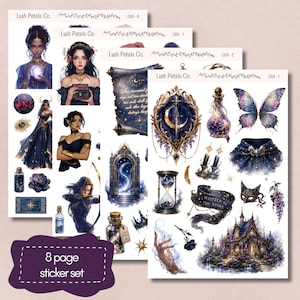 May include: An 8-page sticker set by Lush Petals Co. featuring fantasy illustrations of characters, celestial motifs, scrolls with text, an hourglass, a castle, butterfly wings, potion bottles, and a banner with the text Written in the Stars.