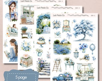 Blue Whispers Sticker Sheets for planners, calendar bullet journal, scrapbooking, card making, papercraft, junk journal, aesthetic sticker