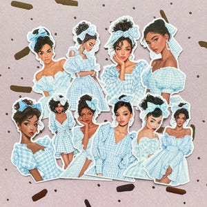 Lot de 10 autocollants fille noire en robe bleue, autocollants déco découpés avec des matrices, scrapbooking, fabrication de cartes, journal artistique, papercraft, journal indésirable