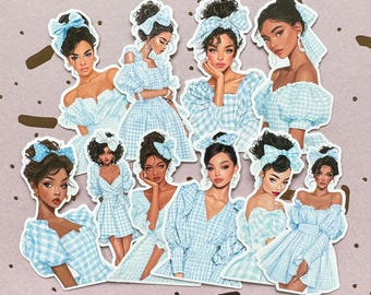 Black Girl in Blue Dress Sticker Set of 10, Die Cut Deco Stickers, Scrapbooking, Carding Making, Art Journaling, Papercraft, Junk Journal