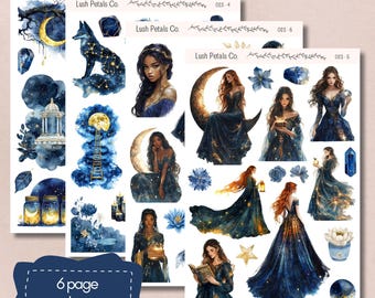 May include: A 6-page sticker set featuring watercolor illustrations. The stickers depict celestial themes with women, moons, stars, and a fox. The color palette includes blues, golds, and whites. The text on the sticker set reads "6 page sticker set".