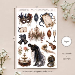 May include: A sticker sheet measuring 4.5 inches by 6.7 inches from Lush Petals Co. featuring illustrations of a masquerade mask, dance card, chandelier, gloves, violin, fountain, a figure in a dark cloak, and a mirror on a white background.