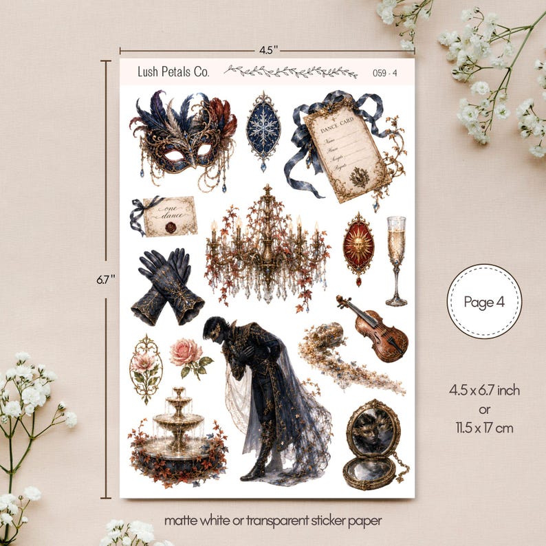 May include: A sticker sheet measuring 4.5 inches by 6.7 inches from Lush Petals Co. featuring illustrations of a masquerade mask, dance card, chandelier, gloves, violin, fountain, a figure in a dark cloak, and a mirror on a white background.