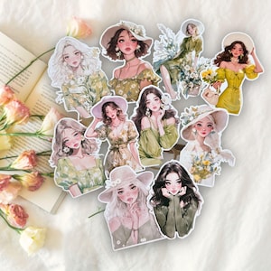 Lot de 10 autocollants sauge romantique fille, autocollants découpés, scrapbooking, fabrication de cartes, tenue d'un journal artistique, travaux manuels, autocollants déco pour journal indésirable