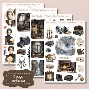 May include: A 6-page sticker set featuring vintage-themed illustrations. The stickers include portraits, books, keys, a typewriter, and architectural scenes. The color palette is primarily muted tones of brown, gray, and cream, with accents of blue and gold.