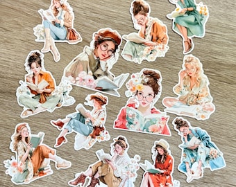 Spring Girl Reading Sticker Set of 12, Die Cut Stickers, Scrapbooking, Carding Making, Art Journaling, Papercraft,Junk Journal Deco Stickers