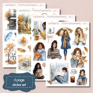 May include: A sticker set with watercolour illustrations of autumn scenes and figures. The set includes images of buildings, umbrellas, leaves, and people, with the text "6 page sticker set". The colour palette includes shades of orange, blue, and brown.
