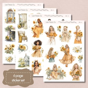 Hojas de pegatinas de girasoles de verano para planificadores, calendarios, bullet journal, scrapbooking, tarjetas, manualidades de papel, diario basura, pegatinas estéticas.
