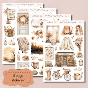 May include: A set of four sticker sheets by Lush Petals Co. featuring watercolour illustrations in warm autumn tones. Designs include a pumpkin sign, wreaths, cosy armchairs, books, sweaters, a bookstore storefront, bicycles, and hot beverages.