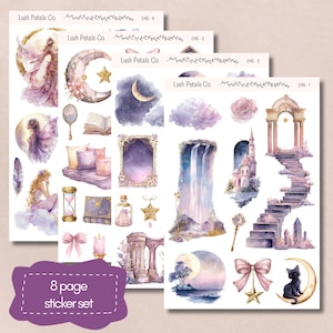 May include: A set of three sticker sheets featuring watercolor illustrations in shades of purple, pink, and gold. The designs include fairies, moons, castles, and other whimsical elements. The text "8 page sticker set" is visible.