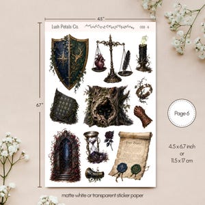 May include: A sticker sheet measuring 4.5 by 6.7 inches featuring fantasy illustrations including a shield, scales with a heart and feather, a candle, a runic stone, a tree with eyes, a gauntlet, an archway, an hourglass, a rose, and a scroll.