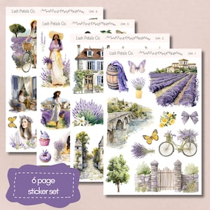 May include: A six-page sticker set with watercolour illustrations of lavender fields, French architecture, butterflies, and women in lavender-themed clothing. The set includes images of bicycles, flowers, and the text "Lush Petals Co." and "6 page sticker set."