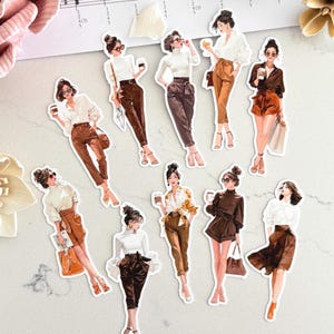 Lot de 10 autocollants Fille printanière en moka, autocollants découpés, scrapbooking, fabrication de cartes, tenue d'un journal artistique, travaux de papeterie, autocollants déco pour journal indésirable