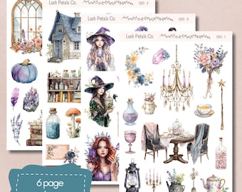 May include: A 6-page sticker set featuring watercolor illustrations of whimsical elements. The stickers include a witch, a pumpkin, a house, a chandelier, and other fantasy-themed designs. The text "6 page sticker set" is also included.