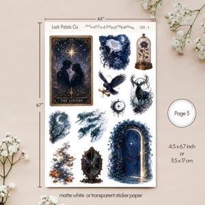 May include: A sticker sheet from Lush Petals Co. measuring 4.5 by 6.7 inches, featuring various illustrations including a Lovers tarot card, a blue flower in a glass dome, a black raven, a deer, a crescent moon, and a blue door with vines.