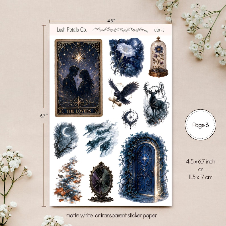 May include: A sticker sheet from Lush Petals Co. measuring 4.5 by 6.7 inches, featuring various illustrations including a Lovers tarot card, a blue flower in a glass dome, a black raven, a deer, a crescent moon, and a blue door with vines.