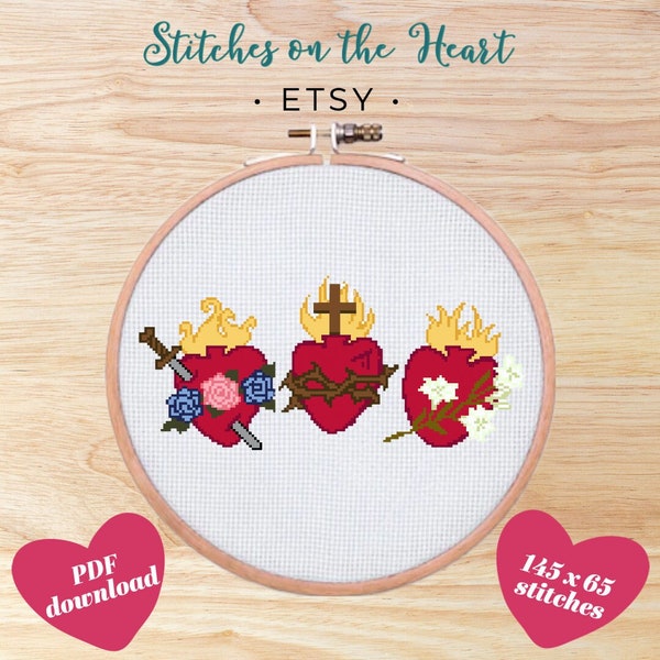 Hearts of the Holy Family Cross Stitch Pattern | Catholic Cross Stitch | Sacred Heart Cross Stitch