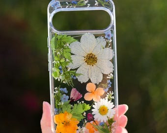 Handmade Real Pressed Meadow Flower Phone Cover, Natural White Botanical Resin Art