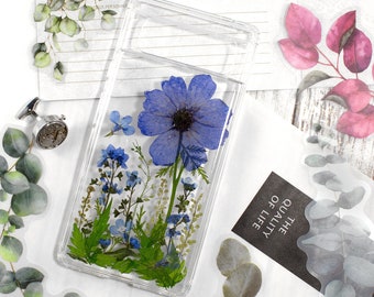 Pressed Flower Case cover For Unique Iphone 15 case, Iphone 14 pro case, Iphone 15 plus case, Iphone 14 pro max Samsung S24 Blue Flowers her