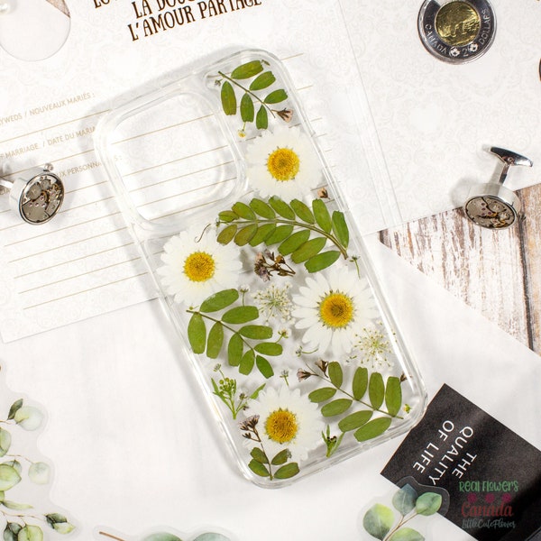 Real Daisy cute flowers phone cover case Handmade Unique for Iphone 14 , Iphone 14 pro, Iphone 15 pro max Iphone 12 Pro Skin cases S24 Ultra