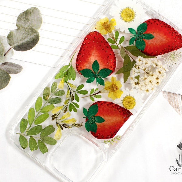 Real strawberry flowers cover case Handmade Unique for Iphone 14 Iphone 14 pro max Iphone 13 Pro Skin Samsung s24 ultra 7A Pixel 8 Iphone 15