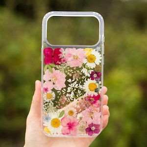 Pink Pressed Flower Phone Case, Real Floral Resin Cover, Botanical Daisy Clear Case, Handmade Spring Accessory