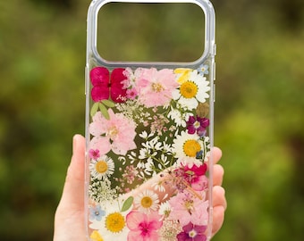 Pink Pressed Flower Phone Case, Real Floral Resin Cover, Botanical Daisy Clear Case, Handmade Spring Accessory