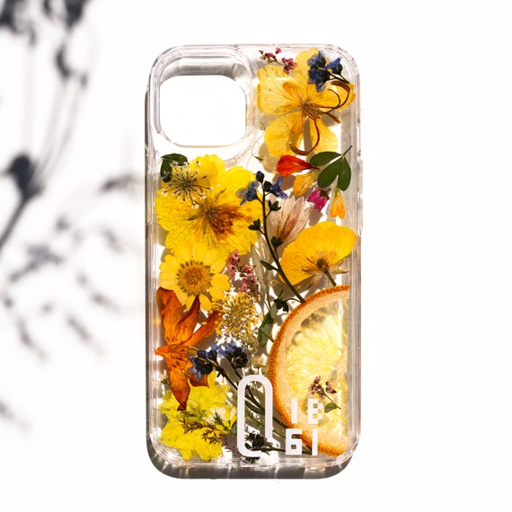 Handmade Pressed Yellow Flower Phone Case – Resin Art, Gold Accents