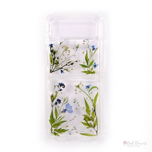 Samsung Galaxy z Flip4 Case cover with Real Pressed flower and natural leafs. Added Fine glitter for Sparkle. Samsung z flip 4 case skin her