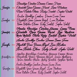 May include: A pink background with a list of names in black cursive writing. The names are organized in columns with the names Amelia, Brooklyn, Caroline, Dianna, Emma, Fiona, Elizabeth, Grace, Gianna, Hazel, Luna, Madison, Nova, Natalie, Olivia, Ruby, Scarlet, Sophie, and Violet. The names are repeated in each column with a different letter code next to each column. The letter codes are A01, A02, A03, A04, A05, and A06.