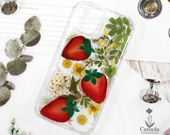 Real Strawberry Flower Phone Case, Handmade Resin Cover