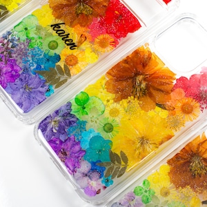 Coque arc-en-ciel fleurs pressées fleurs séchées arc-en-ciel pour Apple IPhone 15, iPhone 15+, IPhone 15 pro IPhone 15 Pro max, 14 13 12 11 Pixel 7 8 7a