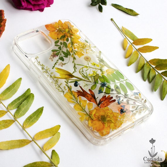 Yellow Pressed Flower Phone Case, Floral Design, Handmade Cover