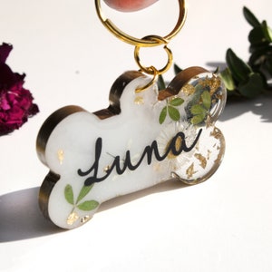Large Small puppies Custom Name Personalized Dog Cat tags, phone number, key chain resin real flowers, floral glitter cute Glitter Gold foil