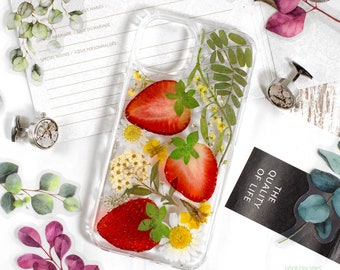 Real strawberry flowers cover case Handmade Unique for Iphone 14 , Iphone 14 pro, Iphone 14 pro max Iphone 13 Pro, Skin Samsung s23 ultra