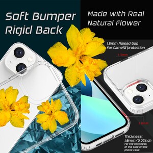 May include: A clear phone case with a yellow flower pressed inside. The case has a soft bumper and a rigid back. The case is 1.8 mm thick and has a 1.5 mm raised gap for camera protection. "Made with Real Natural Flower" and "Soft Bumper Rigid Back" are written on the image.
