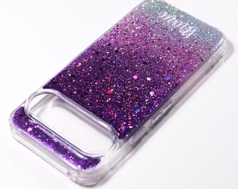 Funda con purpurina morada para iPhone 14, 13, 12, 16, 8 Pro Max mini, Samsung S24, S22, S21 FE Ultra, Pixel 7, 6, 7a, 8a, 9 Pro XL