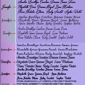 May include: A purple background with a list of names in black cursive font. The names are organized in columns with the names Amelia, Brooklyn, Caroline, Dianna, Emma, Fiona, Elizabeth, Grace, Gianna, Hazel, Luna, Madison, Nova, Natalie, Olivia, Ruby, Scarlet, Sophie, and Violet.