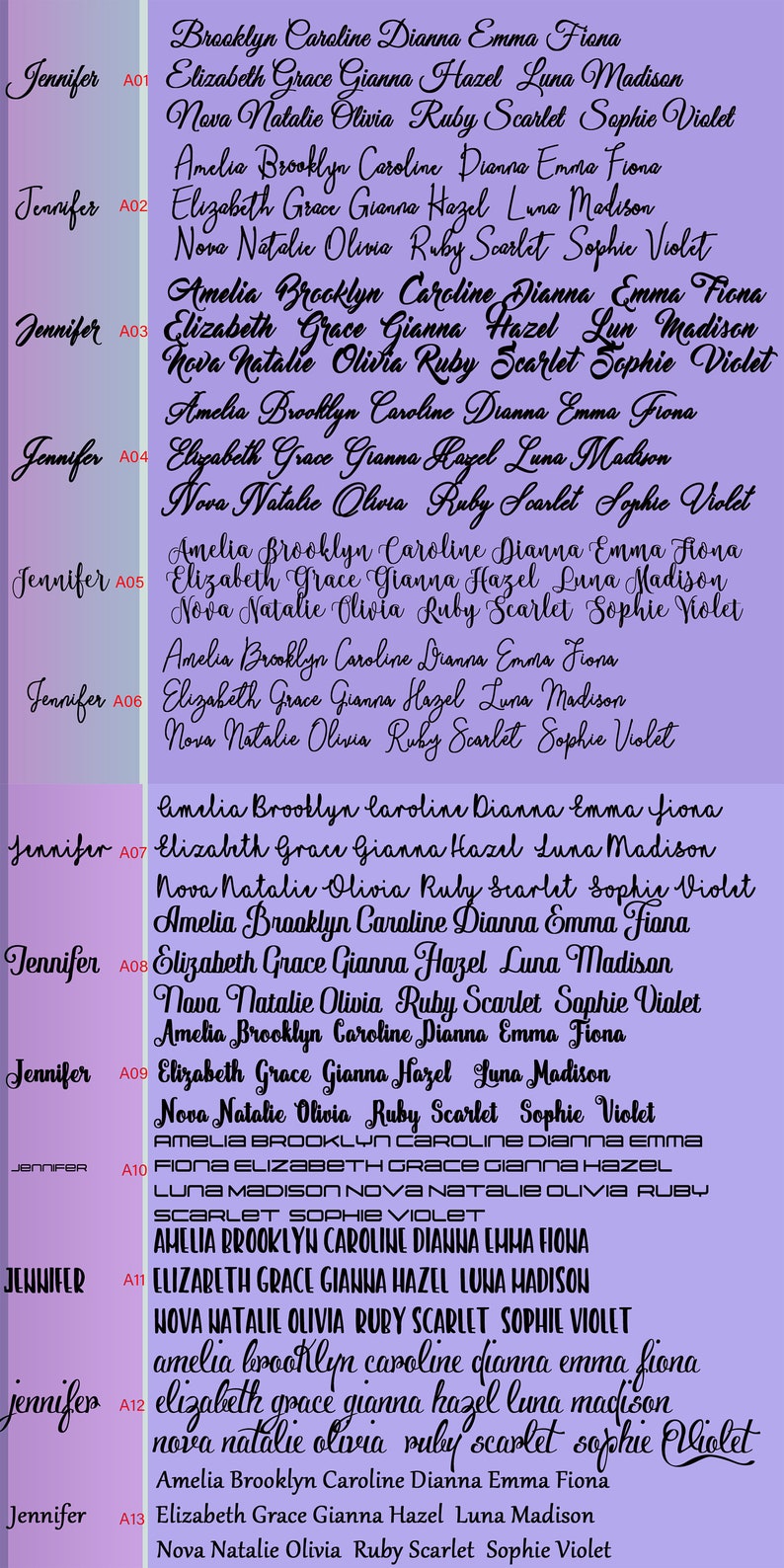 May include: A purple background with a list of names in black cursive font. The names are organized in columns with the names Amelia, Brooklyn, Caroline, Dianna, Emma, Fiona, Elizabeth, Grace, Gianna, Hazel, Luna, Madison, Nova, Natalie, Olivia, Ruby, Scarlet, Sophie, and Violet.